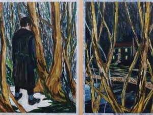 51回展 「失った眠りの中を」キャンバス・油彩・木、 91x141cm